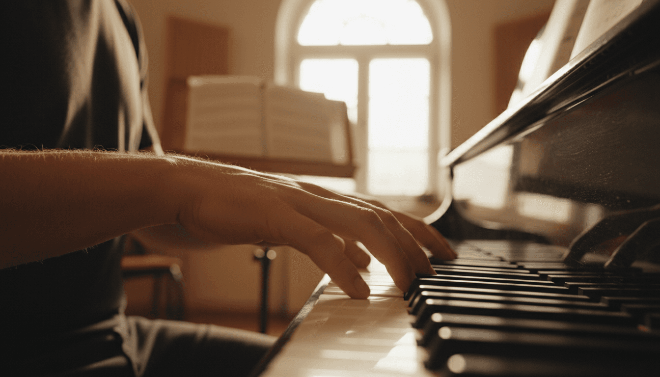 Experienced piano instructor demonstrating proper hand technique on keyboard during personalized music lesson