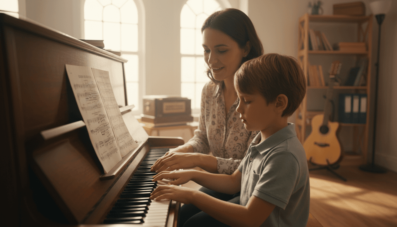 Music teacher guiding a student's hands on piano keys during a lesson in New Delhi