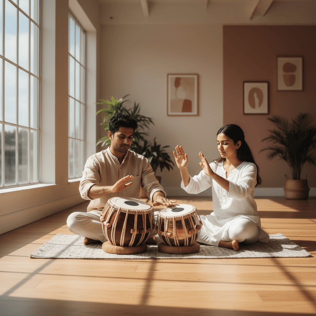 Tabla lesson with experienced teacher guiding student