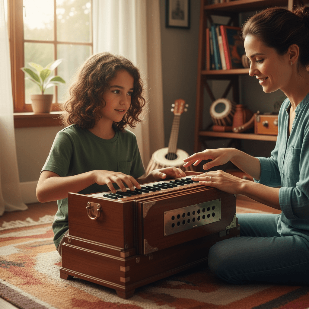 Beginner piano lesson showing supportive instruction