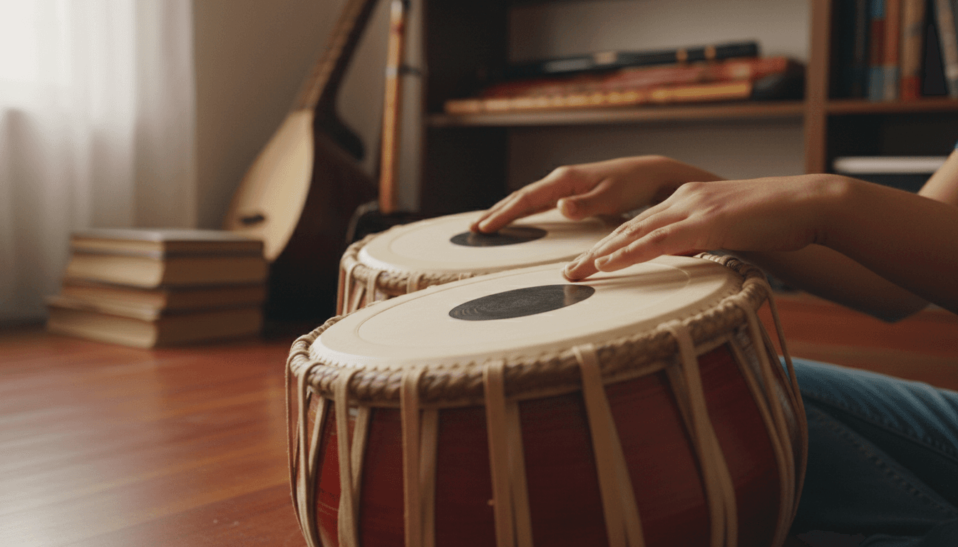 Experienced instructor and student working together on tabla during a music lesson in New Delhi