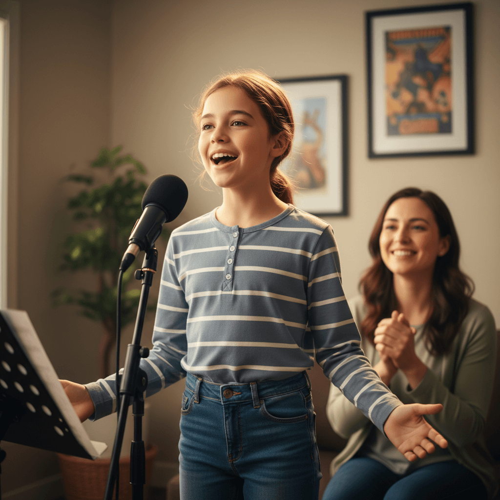 Singing student performing with confidence during lesson