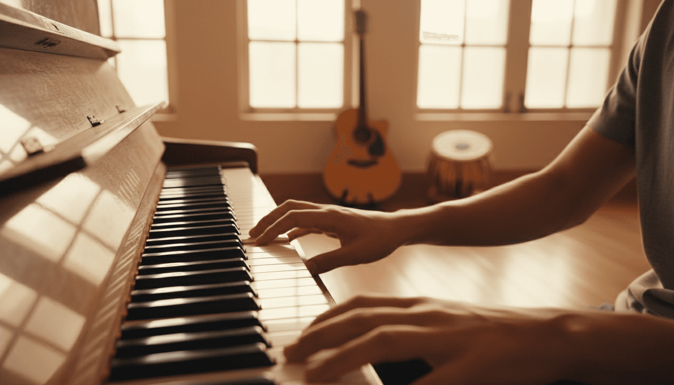 Experienced musician's hands playing piano keys in warm natural light, with other instruments visible in a music studio setting